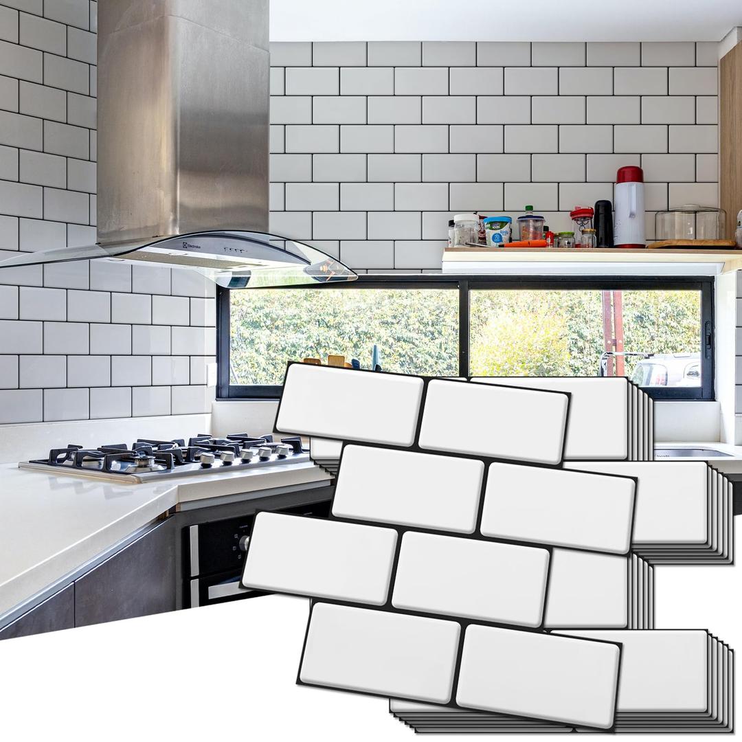 Art3dPeel and Stick Backsplash, 10-Pack Thickened Stick on Subway Tiles, Faux Ceramic Tiles for Kitchen, Bathroom, White