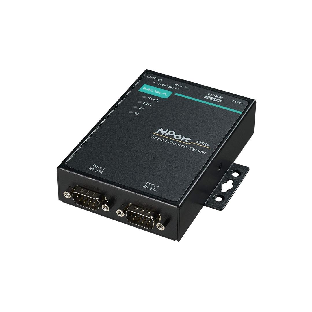 MoxaNPort 5210A - 2 Ports Device Server, 10/100M Ethernet, RS-232, DB9 Male, 15KV ESD, 0.5KV Serial Surge, 12~48VDC, 0~60°C