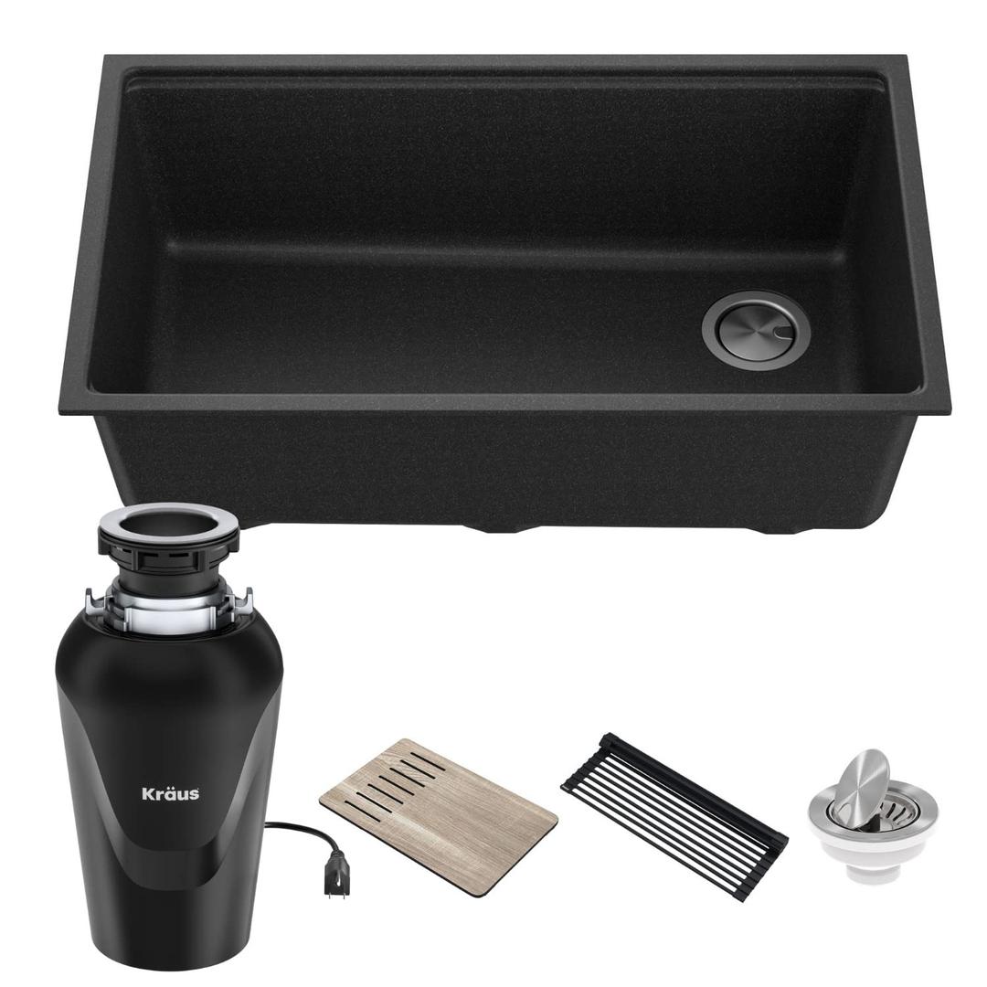 KrausBellucci Workstation 32 in. Undermount Granite Composite Single Bowl Kitchen Sink in Metallic Black with Accessories with WasteGuard™ Continuous Feed Garbage Disposal, KGUW2-33MB-100-75MB