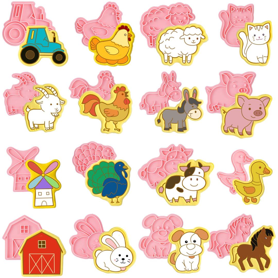 16 Pcs Farm Animal Cookie Cutters with Plunger Stamps Set, Farm Animal theme Fun Cookie Mold, 3D Animal Shape Cookie Cutters, Animal Series Shape Biscuit Cutters for Baking Birthday