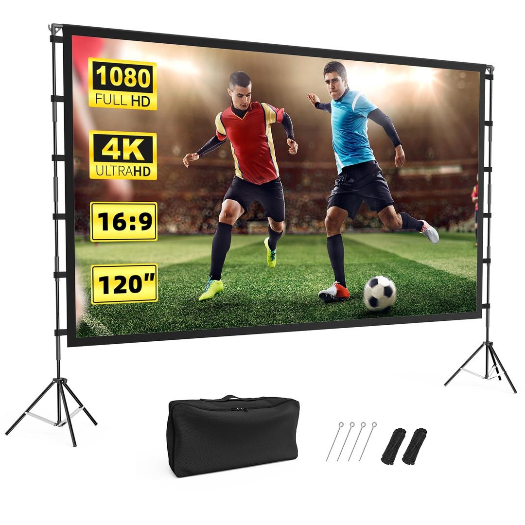 Projector Screen Outdoor, Vamvo Projector Screen with Stand Portable 120" Foldable Projector Screen, 10 Feet Indoor Movie Screen with Carrying Bag for Home Theater Backyard Movie Night