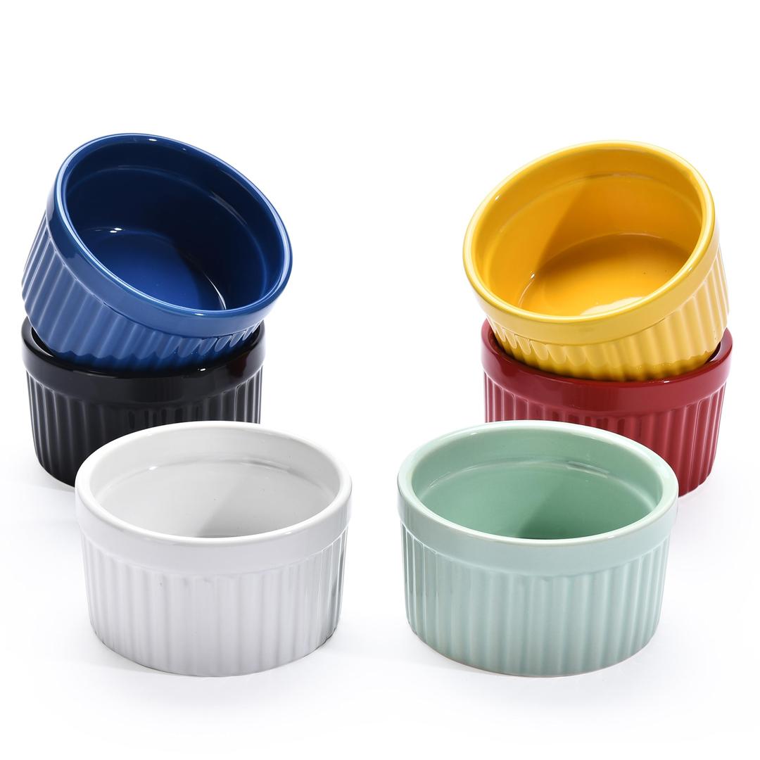 Bruntmor 8oz Crème Brûlée Ramekins - Oven Safe, Oval Tart Pan - Baking Souffle, Pudding, Dessert, Pie, Snacks, Quiche - Mini Custard Cups - Oven to Table Serving Casserole Dishes - Set of 6