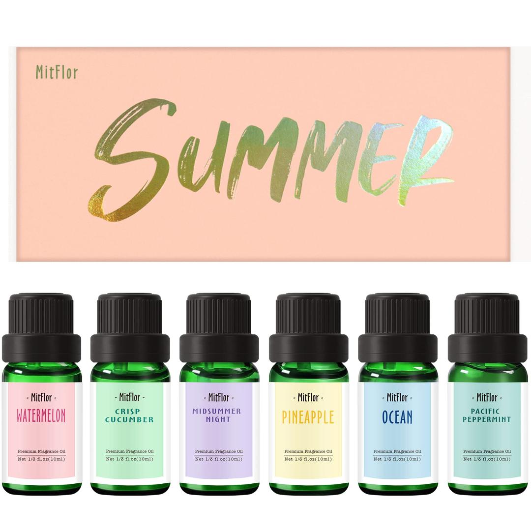 Summer Essential Oils for Diffusers for Home, MitFlor Fragrance Oil Set, Soap & Candle Making Scents, 6x10ml with Ocean, Midsummer Night, Pineapple and More, Aromatherapy Perfume Oil Gift Set