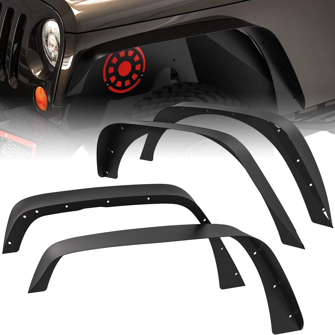 OEDRO Flat Front & Rear Fender Flares Compatible with 2007-2018 Jeep Wrangler JK & JKU Unlimited, 4 PCS Off-Road Steel Liner Set, Fenders for Jeep JK