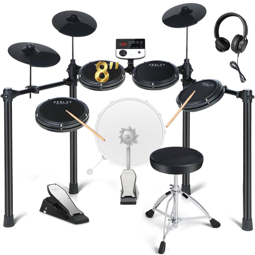 Fesley Electric Drum Set: 5 Drums 3 Cymbals with 4 Quiet Mesh Drum Pads, Electronic Drum kit for Beginner Adult, E Drum Kit with Drum Throne, Headphone, Drumsticks, USB MIDI, Intelligent Sound Module