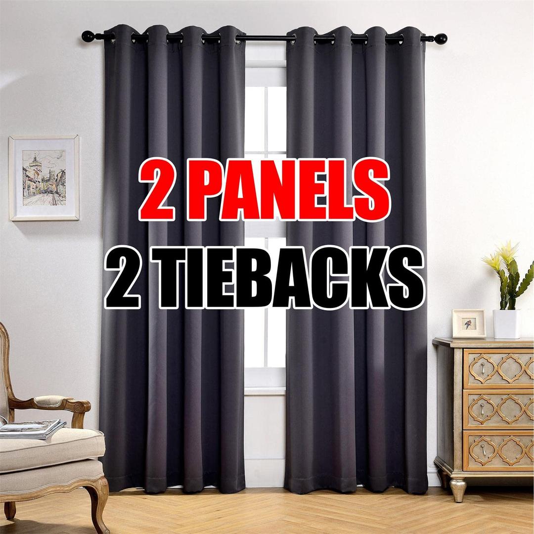 MIUCO 1 Pair Thermal Insulated Grommet 52-Inch-by-95-Inch Blackout Window Curtain Panels with 2 Tie Backs, Dark Grey