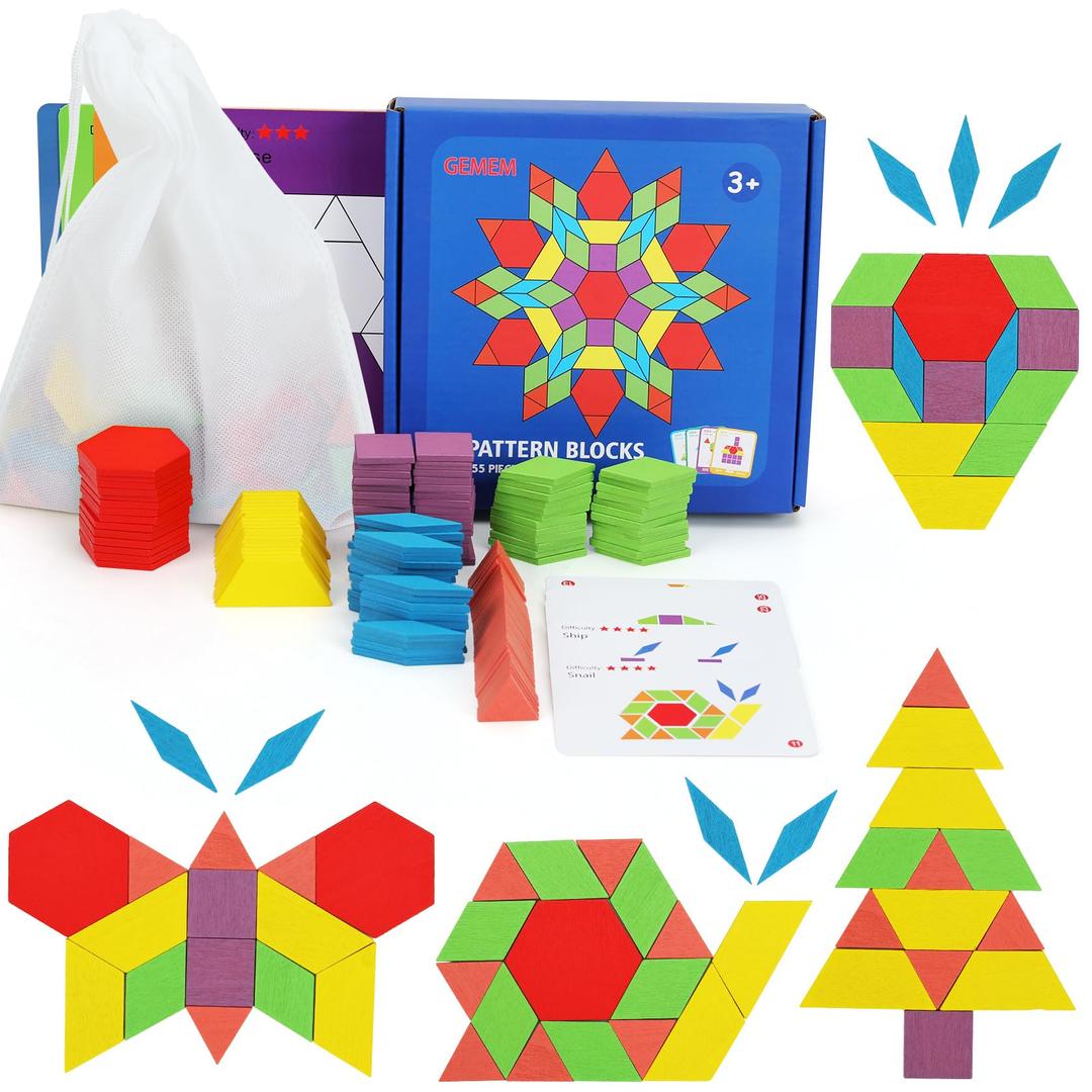 GEMEM Kid's Wooden Pattern Geometric Shape Puzzle Educational Tangram Toys- 155 Pieces (Ages 4-8 with 24 Pieces Design Cards)