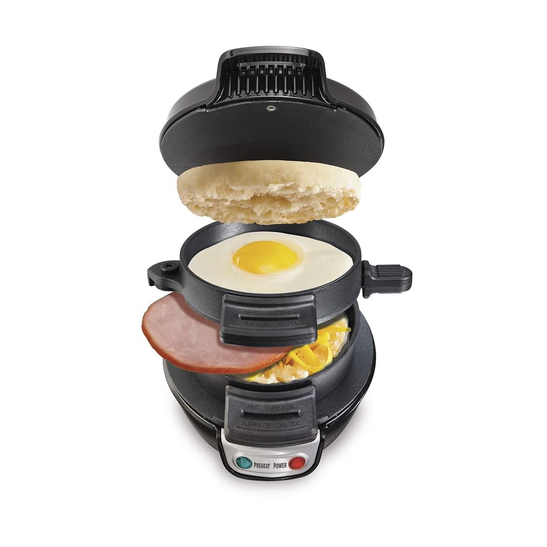 Hamilton Beach Breakfast Sandwich Maker with Egg Cooker Ring, Customize Ingredients, English Muffins, Croissants, Mini Waffles, Perfect White Elephant Gifts, Single, Black