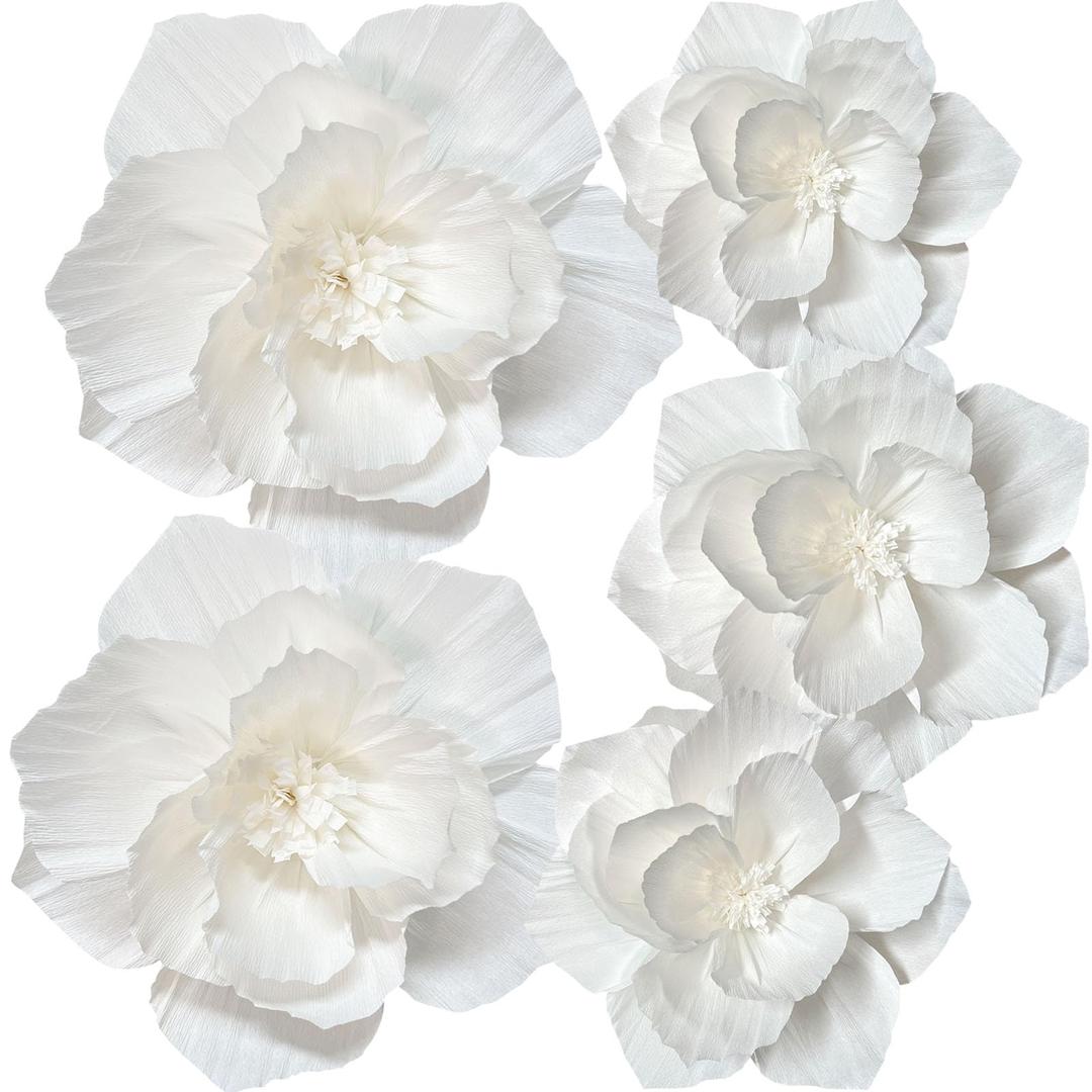 ANSOMO White Paper Flowers Artificial 3D Wall Décor Wedding Birthday Bridal Baby Shower Nursery Room Backdrop Table Centerpieces Leaves 5 Pcs 12" 10" Party Decorations Supplies