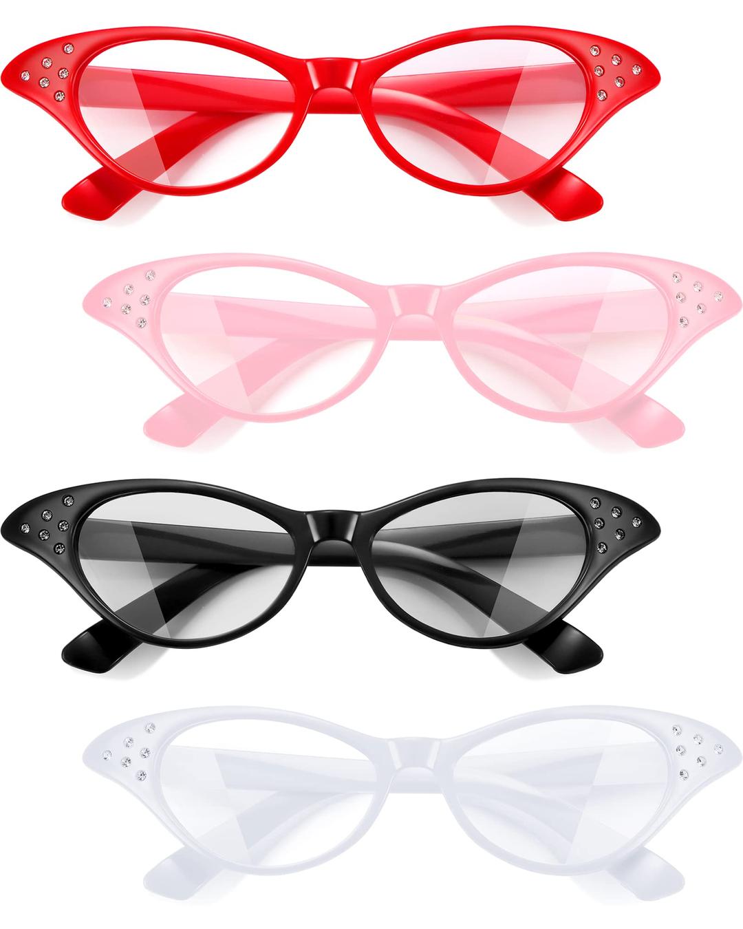 JOVITEC 4 Pieces Cat Eye Glasses with Rhinestones 50's 60's Party Costume Glasses for Hip Hop Dress up Halloween Party Favor (Red, Black, White, Pink)