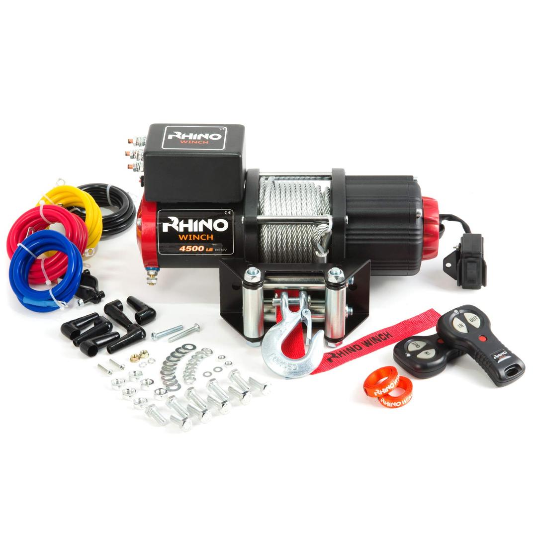 Rhino Electric Winch 4500lbs / 2040Kg 12V 15m Steel Cable Recovery Winch For Boats & Light Vehicles Including Fairlead Roller, Mounting Plate & Wireless Remotes