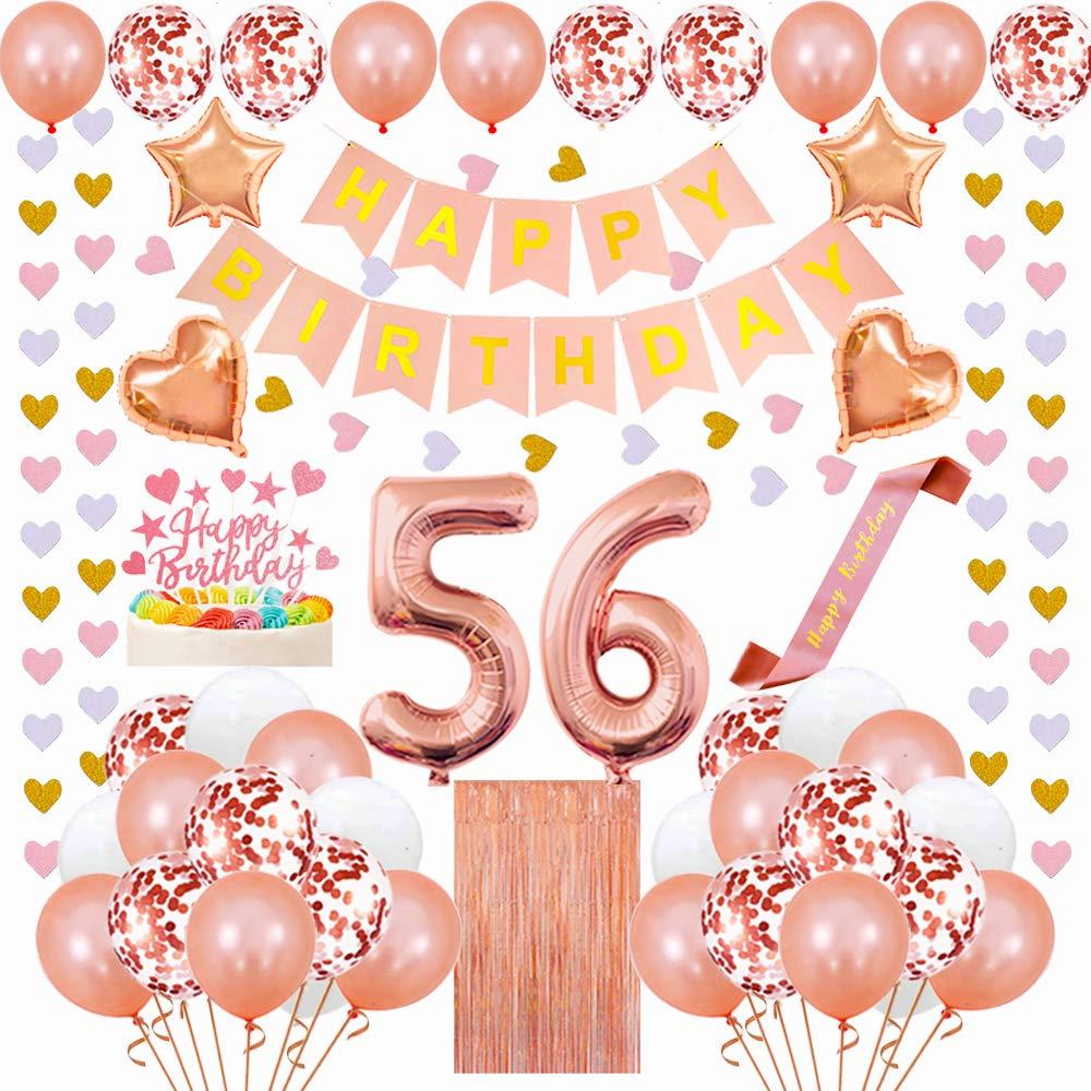 Santonila 56th Birthday Decorations Kit-Happy Birthday Decorations Banner Cake Topper, Happy Birthday Sash, Tinsel Foil Fringe Curtains and Confetti Balloons for 56th or 65th Birthday Party-Rose Gold