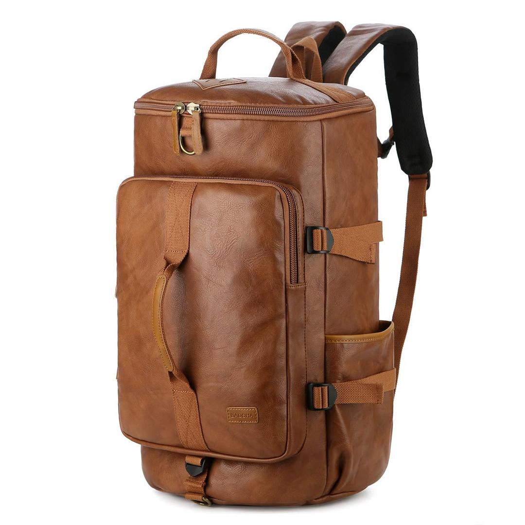 BaoshaStylish Vegan Leather Men Weekender Travel Duffel Tote Bag Backpack Travel Hiking Rucksack Overnight Bag 3-Ways Convertible HB-26 (Brown)