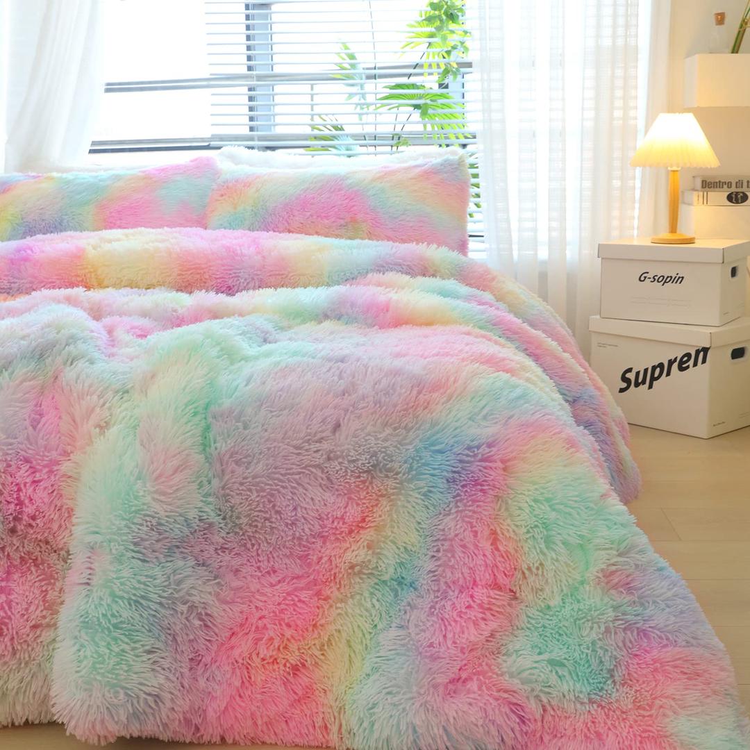 WINLIFE Faux Fur Comforter Set Twin Size for Girls Bedding Plush Shaggy Comforter Sets Gradient Ombre Tie Dye Bed Set Fuzzy Furry Long Hair Fluffy Comforter (3Pcs, Twin, Rainbow)