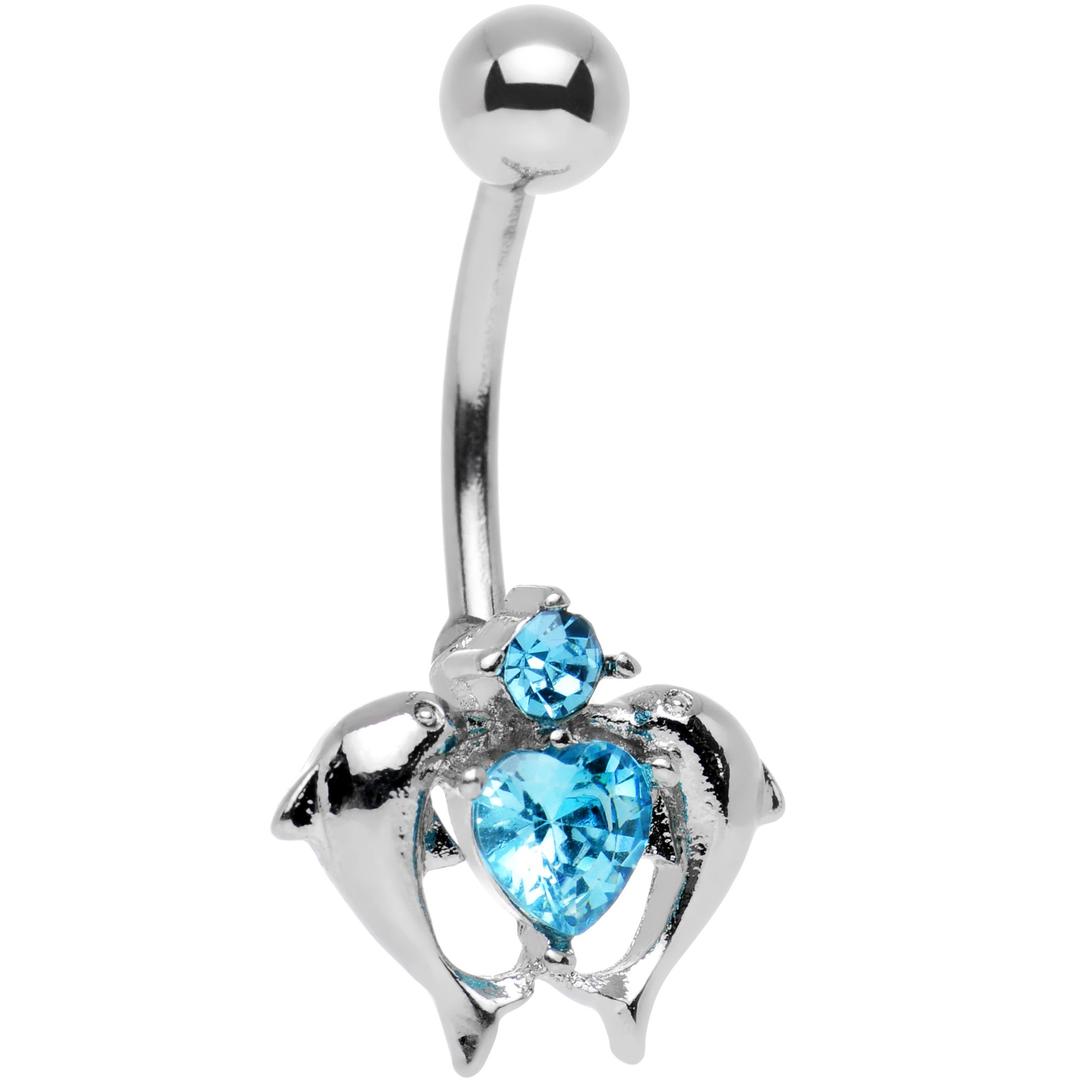 Stainless Steel Brilliant Blue Accent Double Dolphin Heart Belly Ring