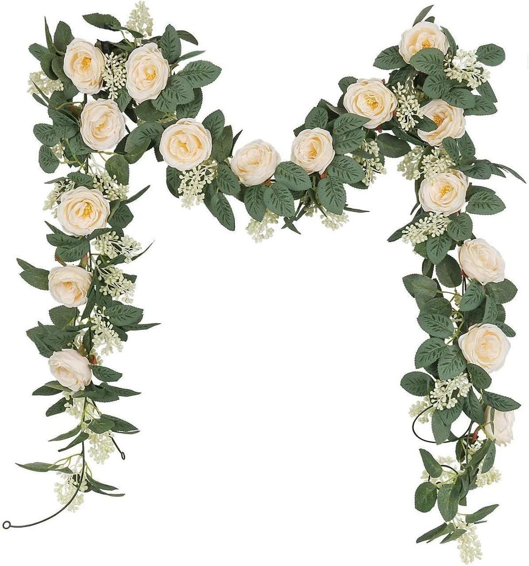 SHACOS2 Pack Artificial Rose Flower Garland, 13 Ft Hanging Flowers Artificial Vines Faux Spring Flower Table Garland Silk Wedding Flower Decorations Arch Rose Vine Garland for Wall Party, Champagne