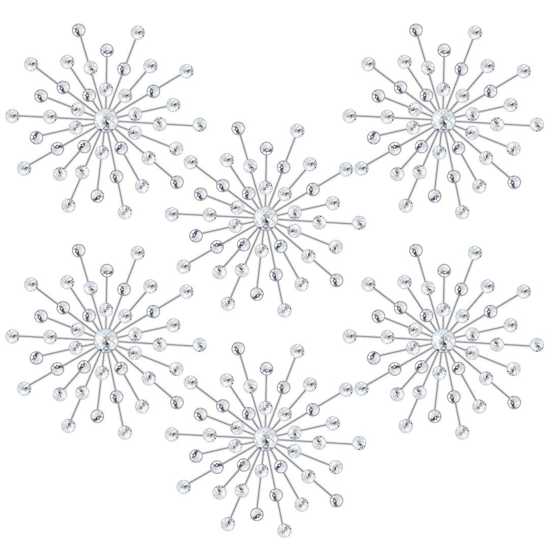 Barydat 6 Pcs Metal Rhinestones Sunburst Wall Decor Bling Crystal Home Decorative No Punch Rhinestone Wall Hanging Diamond Accents for Living Room Entryway Bedroom (Silver,25cm, 20cm, 15cm)