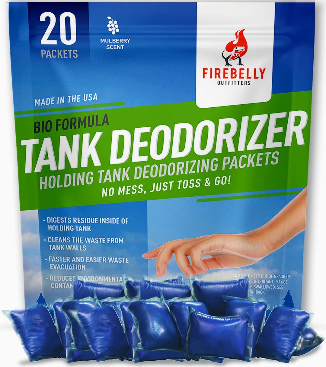 RV Holding Tank Deodorizer + Septic Tank Treatment + Cleaner - 20 Packets, Mulberry – Sewer Solution, Marine Camper Portable Toilet Chemicals, Odor Eliminator, Formaldehyde Free, USA