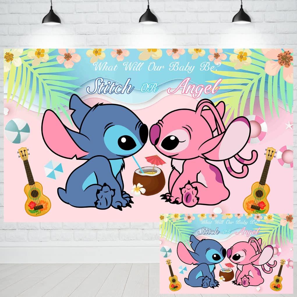 Wenqiang Stitch and Angel Gender Reveal Backdrop for Baby Shower Summer Tropical Hawaiian Beach Party Decorations Supplies Banner 5x3ft