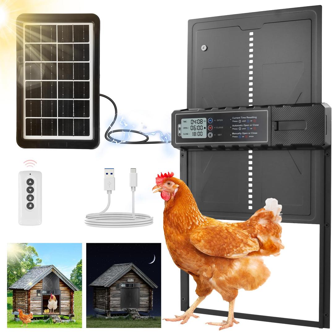 Automatic Chicken Coop Door, Solar Chicken Coop Door with Timer and Remote LCD Display Chicken Door Aluminum Alloy Auto Chicken Door Solar Powered Anti Pinch Electric Coop Door, Black