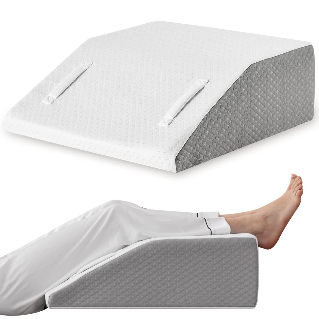 Leg Elevation Pillows for Sleeping, Memory Foam Wedge Pillow for Legs, Knee Wedge Pillow for After Surgery, Swelling, Back Pain and Circulation, Non-Slip Base, Removable Cover (8 Inch, White)