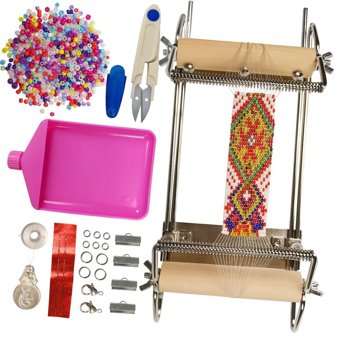 hobbyworkerThe Second Generation Adjustable Bead Loom Kit with Seed Beads,Large Eye Curved Beading Needle, Funnel Tray,Lobster Clasp,Open Ring and Bead Mat for Jewelry Making kit