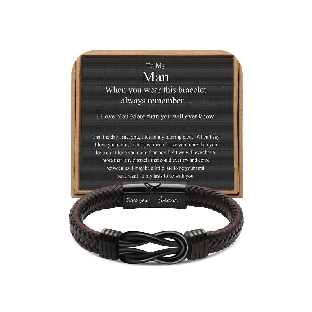 𝗞𝗻𝗼𝘁 𝗕𝗿𝗮𝗰𝗲𝗹𝗲𝘁 𝗚𝗶𝗳𝘁𝘀 𝗳𝗼𝗿 𝗠𝗲𝗻 Brown Braided Leather Stainless Steel Infinity Bracelets Lettering Love You Forever Gifts for Son Grandson Husband Boyfriend Brother Always Linked Together