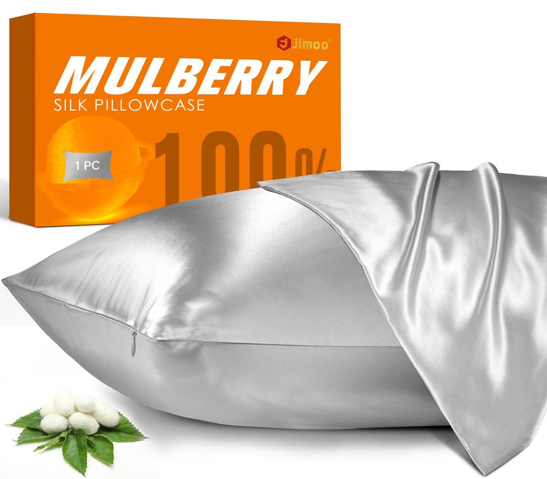 100% Mulberry Silk Pillowcase for Hair and Skin, 22 Momme Natural Silk Pillow Case with Zipper, Both Sided Pure Silk Pillow Cover for Women Mom Men(Silver Grey, Standard 20''×26'')