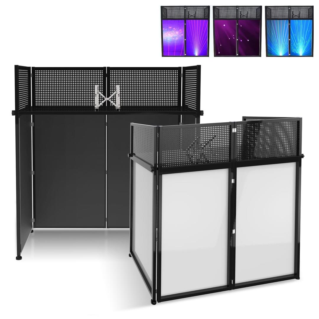 Chamss DJ Facade Table Station, 40 * 40 * 20 Inches Portable DJ Booth with Adjustable DJ Event Facade, Black and White Scrims and Padded Carrying Bag, Metal Frame DJ Booth (Black DJ Table)