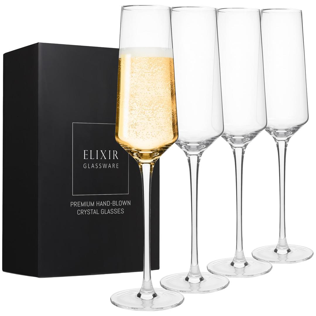 ELIXIR GLASSWARE Classy Champagne Flutes - 8 oz - Set of 4 Elegant Flute Wine Glasses - Hand Blown Crystal Champagne Glasses - Wedding Gifts for Couples, Engagement Gift, Housewarming Gifts