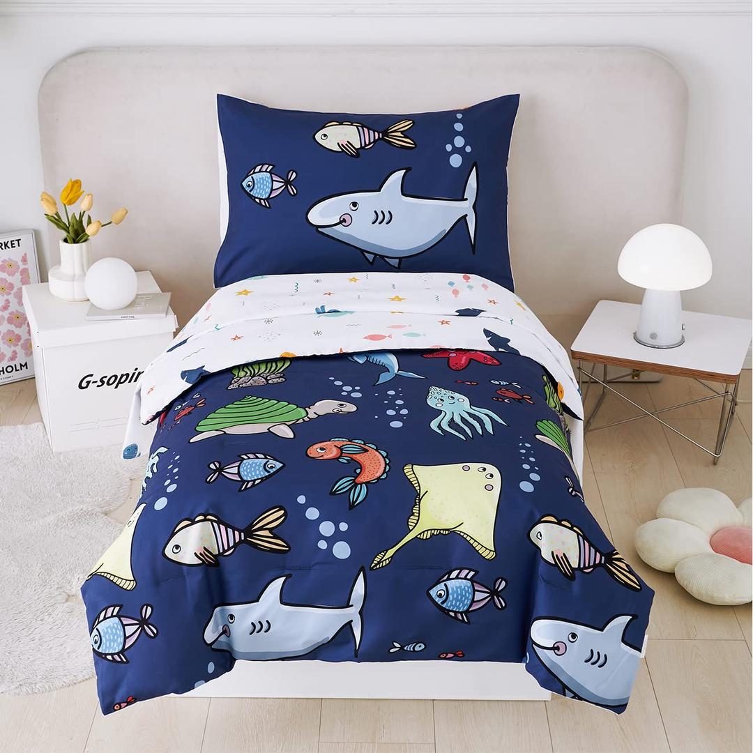 PERFEMET 4 Pieces Toddler Bedding Ocean Animal Printed Toddler Comforter Set Reversible Lightweight Cartoon Bed in A Bag for Kids Boys Girls(Navy Blue, Sharks/Dolphins/Fish)