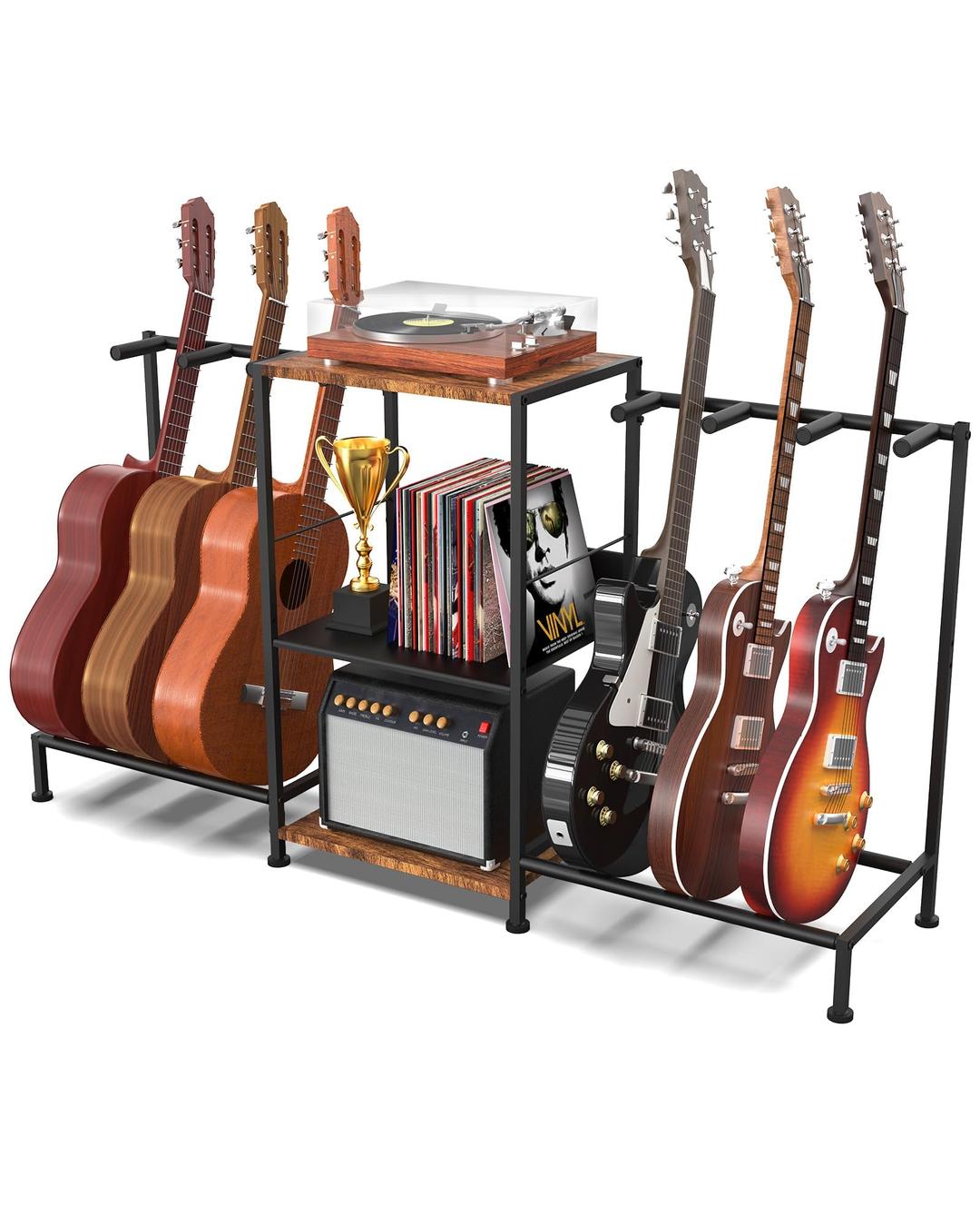 Guitar Stand for Acoustic Multiple Guitars Holder with 3-tier Storage Shelf, Guitars Display Rack Guitar Amp Accessories with Soft-Padded Protect Multi Guitar Stand for Home Studio Music Room