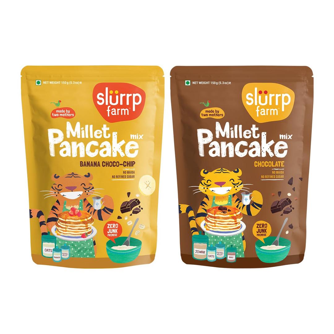 Slurrp Farm Instant Millet Pancake Mix | Banana Choco-Chip and Chocolate | Natural, Healthy, Vegan, Gluten Free Diet Friendly | 300g (Pack of 2)