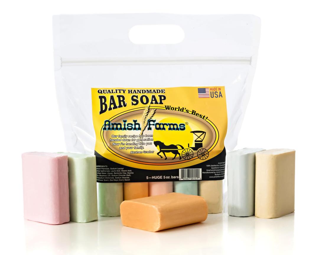 Amish Farms Bar Soap w/All Natural Bentonite Clay | Made in USA, Vegan Moisturizing for Sensitive Skin | Women & Mens Face & Body Bar Bath Soap for Shower | Clean Scent | 5oz Ea (5 Bars)