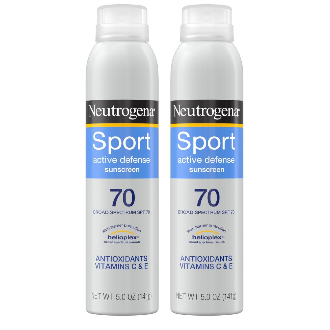 NeutrogenaSport Active Defense SPF 70 Sunscreen Spray, Sweat & Water Resistant Spray Sunscreen with Broad Spectrum Protection for Sunburn Prevention, Oxybenzone-Free, Twin Pack, 2 x 5 oz