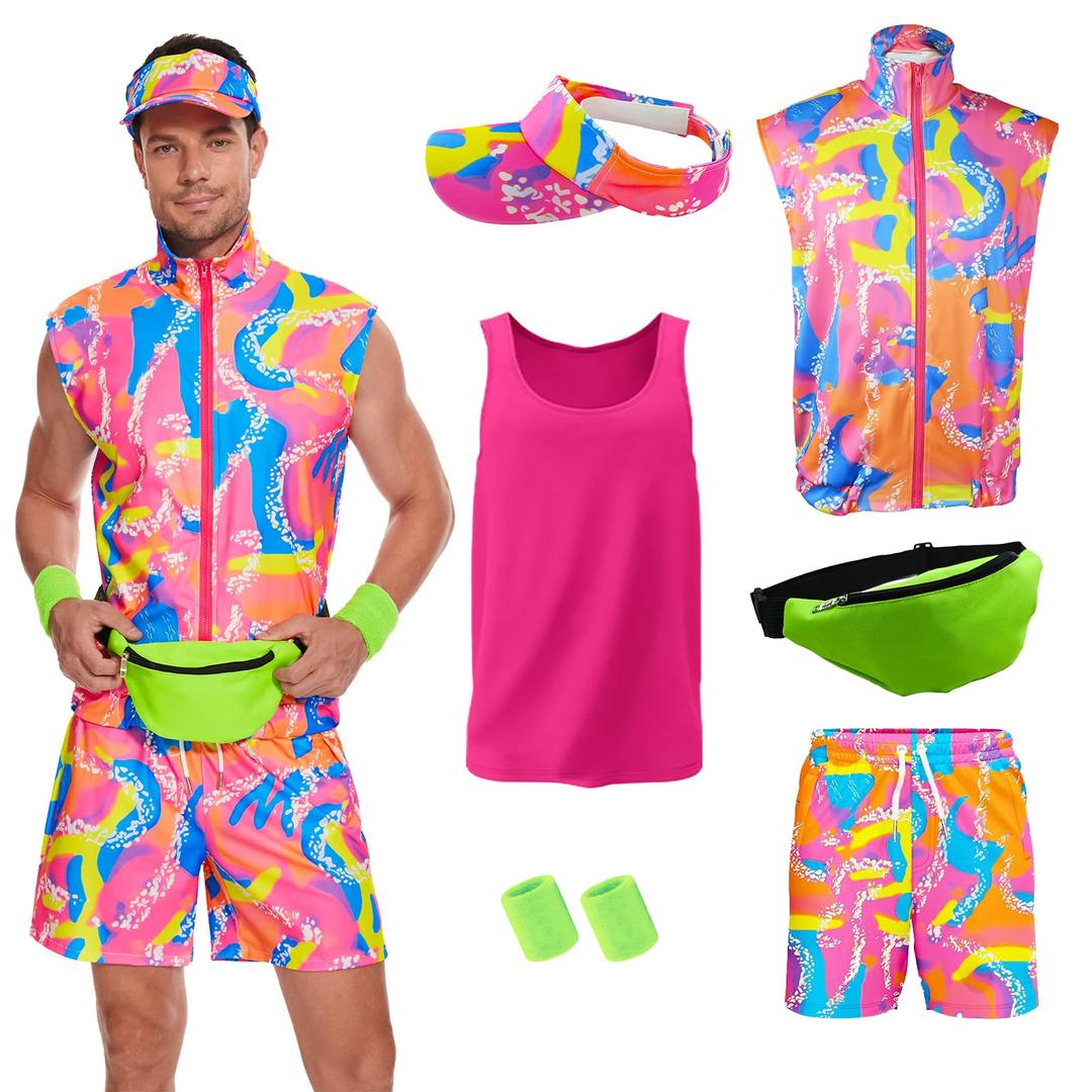 80S 90S Workout Costume Halloween Costumes for Adult Mens Cosplay Outfits Swimwear Suit With Sun Hat