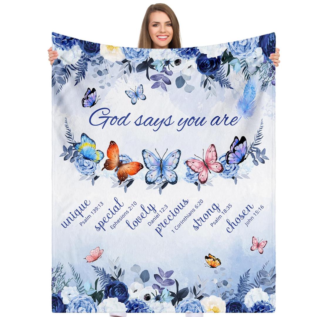 JzufnapChristian Blanket for Women, Blue Rose Butterfly Ultra Soft Religious Gifts Blankets with Bible Verse and Inspirational Thoughts, Warm Plush Prayers Healing Throw Blankets, 60"x50"