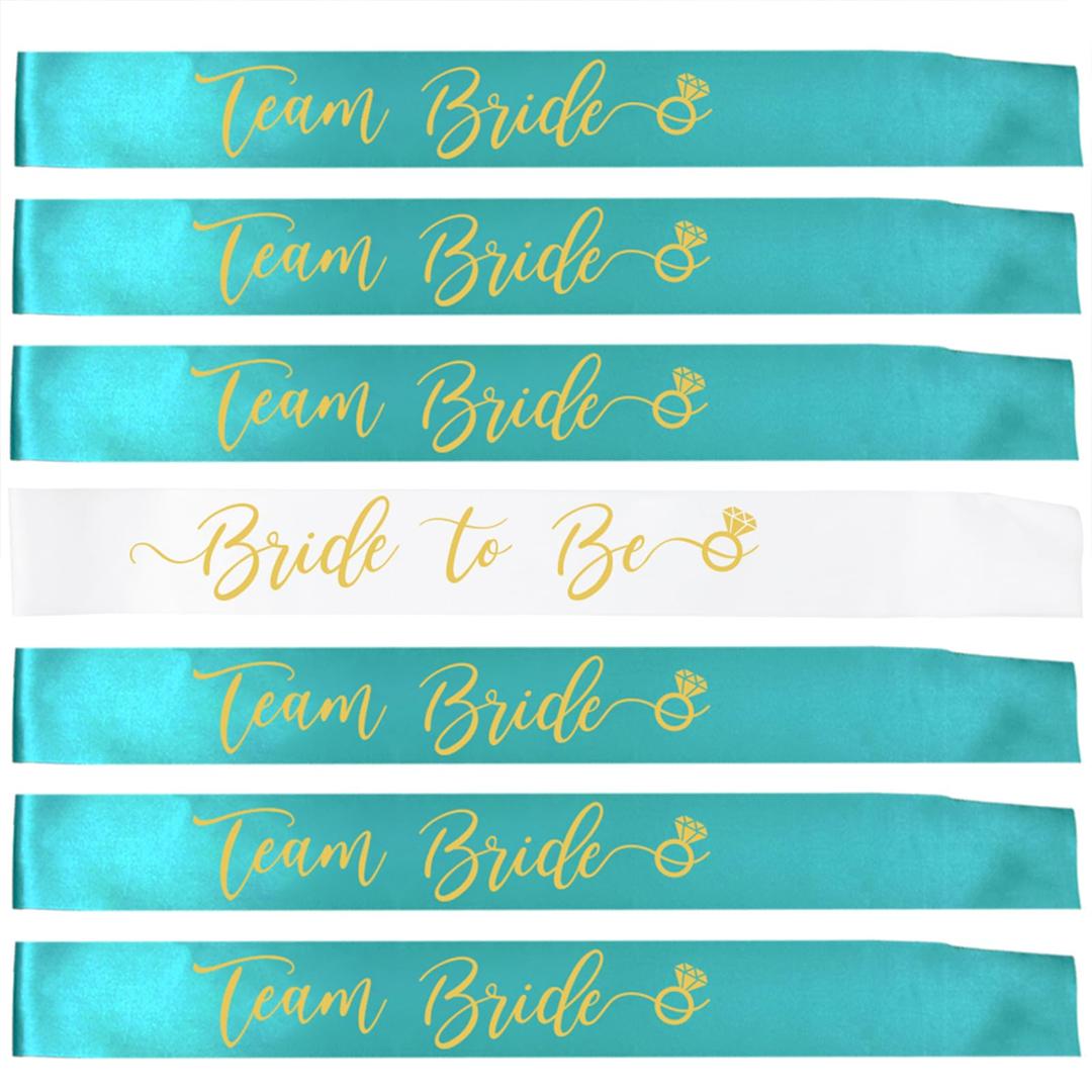 7pcs Bachelorette Party Bride Sashes Set- White Gold Letters Bride to be Sash and Team Bride Sashes for Bachelorette Party Decorations-Bridal Shower Party Favors Gift (White+Teal)