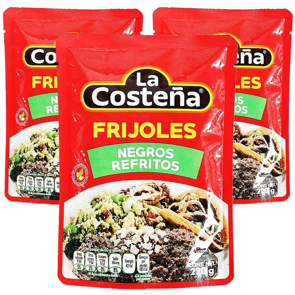 La Costena Refried Black Beans Pouch 220g (Pack of 3) / Gluten Free Mexican Frijoles, Ready to Eat Refried Black Beans, Easy To Heat