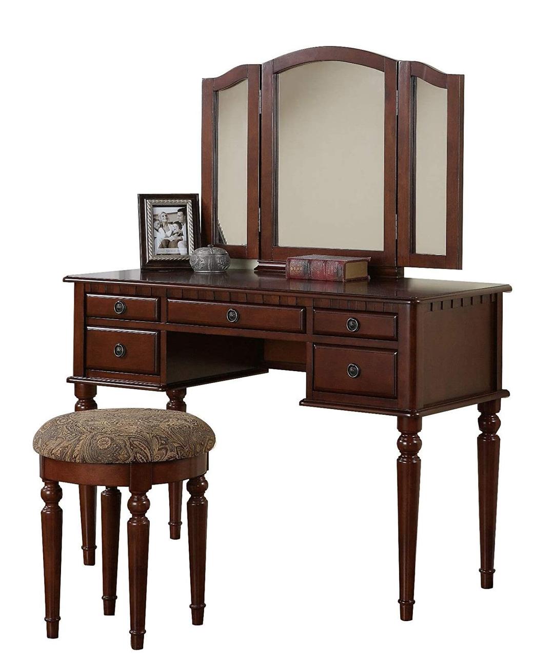 BOBKONA St. Croix Collection Vanity Set with Stool, Cherry