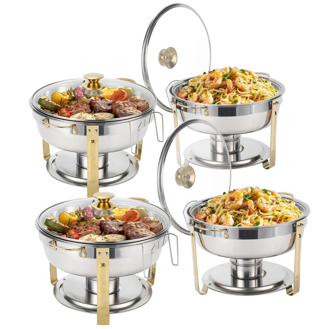 5 Qt Chafing Dish Buffet Set with Visible Glass Lid and Holder, Round Chafers and Buffet Warmers Sets with Food and Water Trays for Catering, Parties and Weddings, Gold, 4 Pack