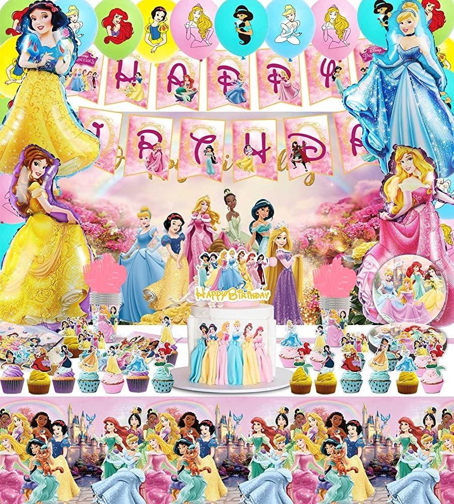 197Pcs Princess Birthday Decoration, Party Supplies for 24 Guests, Happy Birthday Backdrop, Banner, Balloons, Aluminum film balloon, Cake Topper, Tablecloth, Tableware, Hanging decoration