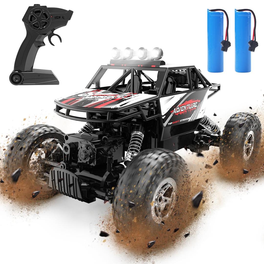 DEERC DE45 RC Cars Remote Control Car 1:14 Off Road Monster Truck,Metal Shell 4WD Dual Motors LED Headlight Rock Crawler,2.4Ghz All Terrain Hobby Truck with 2 Batteries for 90 Min Play,Boy Adult Gifts