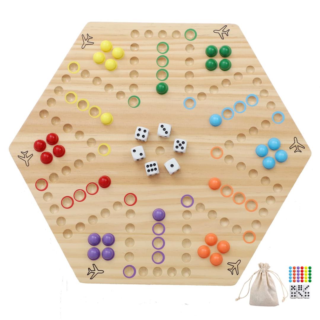 HOROWWahoo Board Game Wooden Original Aggravation Board Game Classic 2 Side Painted Fast Track Game for 4 Player and 6 Player with 30 Marbles,12 Dices for Family Game Night(Small,Log)