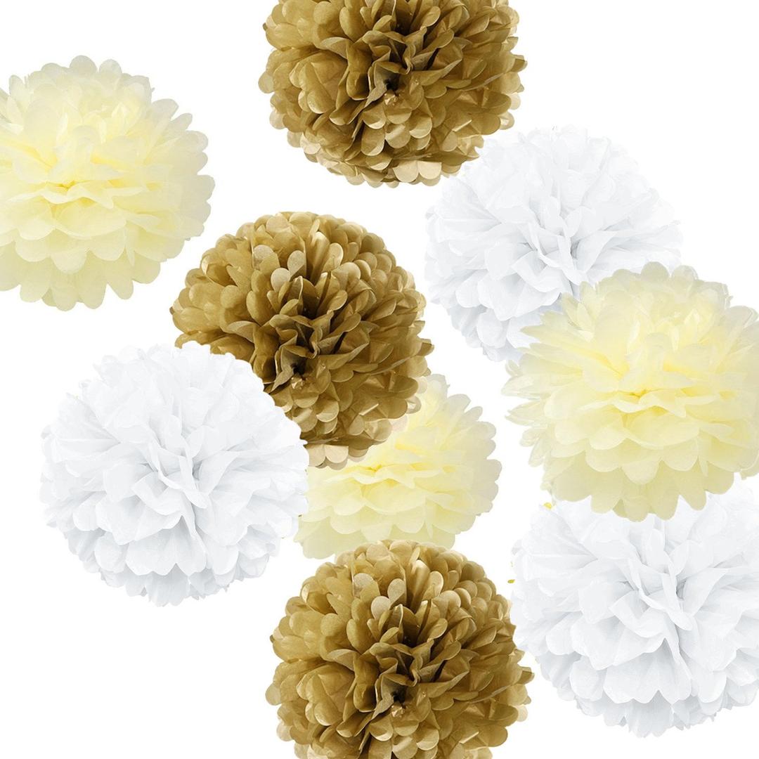 Fonder Mols 9pcs Tissue Pom Poms Paper Flowers Kit Party Hanging Flowers Ball for Wedding Birthday Bridal Baby Showers Nursery Décor (White Ivory Kahki, 8inch 10inch 14inch)