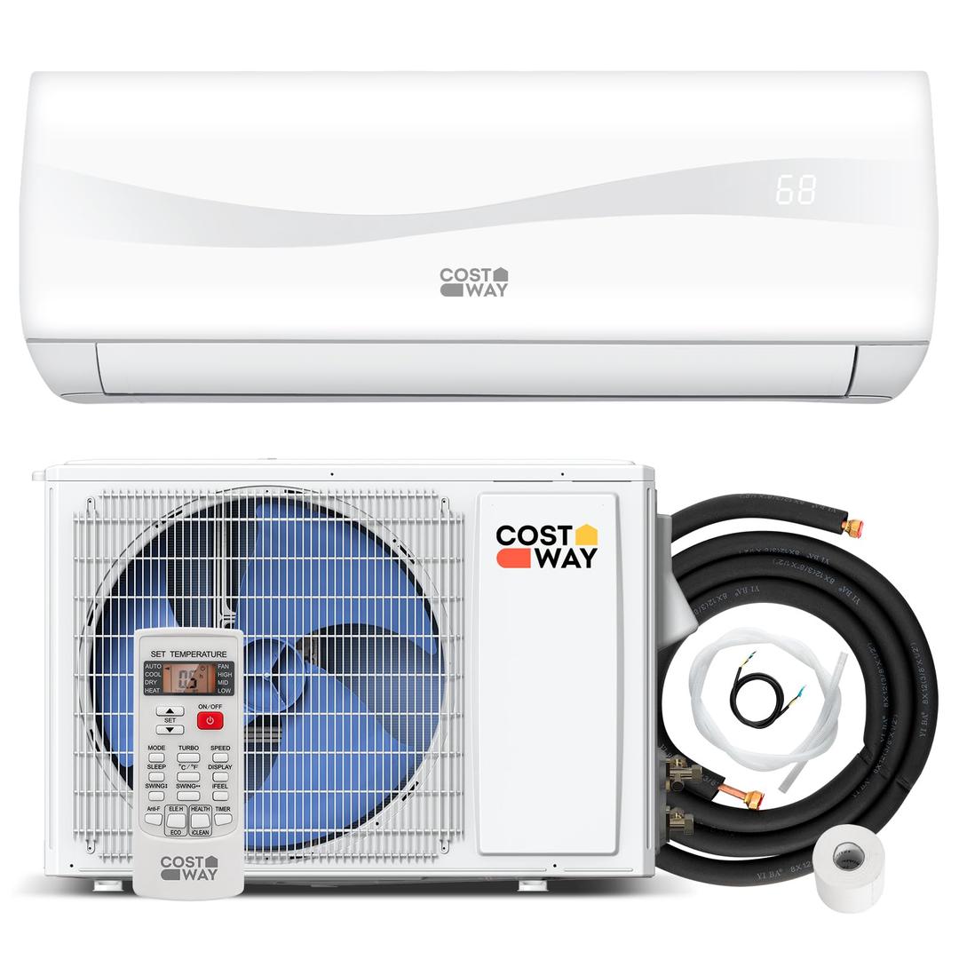 COSTWAY Blast Series 9000BTU Split Air Conditioner & Heater, 17 SEER2 208V-230V Energy Efficient Wall Mount AC Unit w/Heat Pump, Inverter System, Remote Control, Cools Rooms up to 450 Sq. Ft.