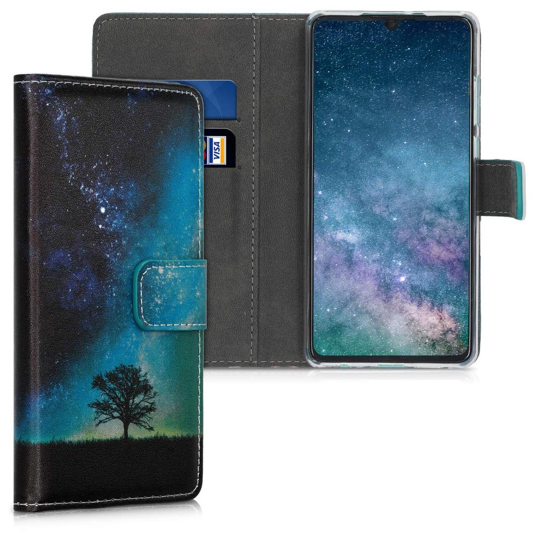 kwmobile Wallet Case Compatible with Huawei P30 - PU Leather Flip Cover with Card Slots and Stand - Cosmic Nature Blue…