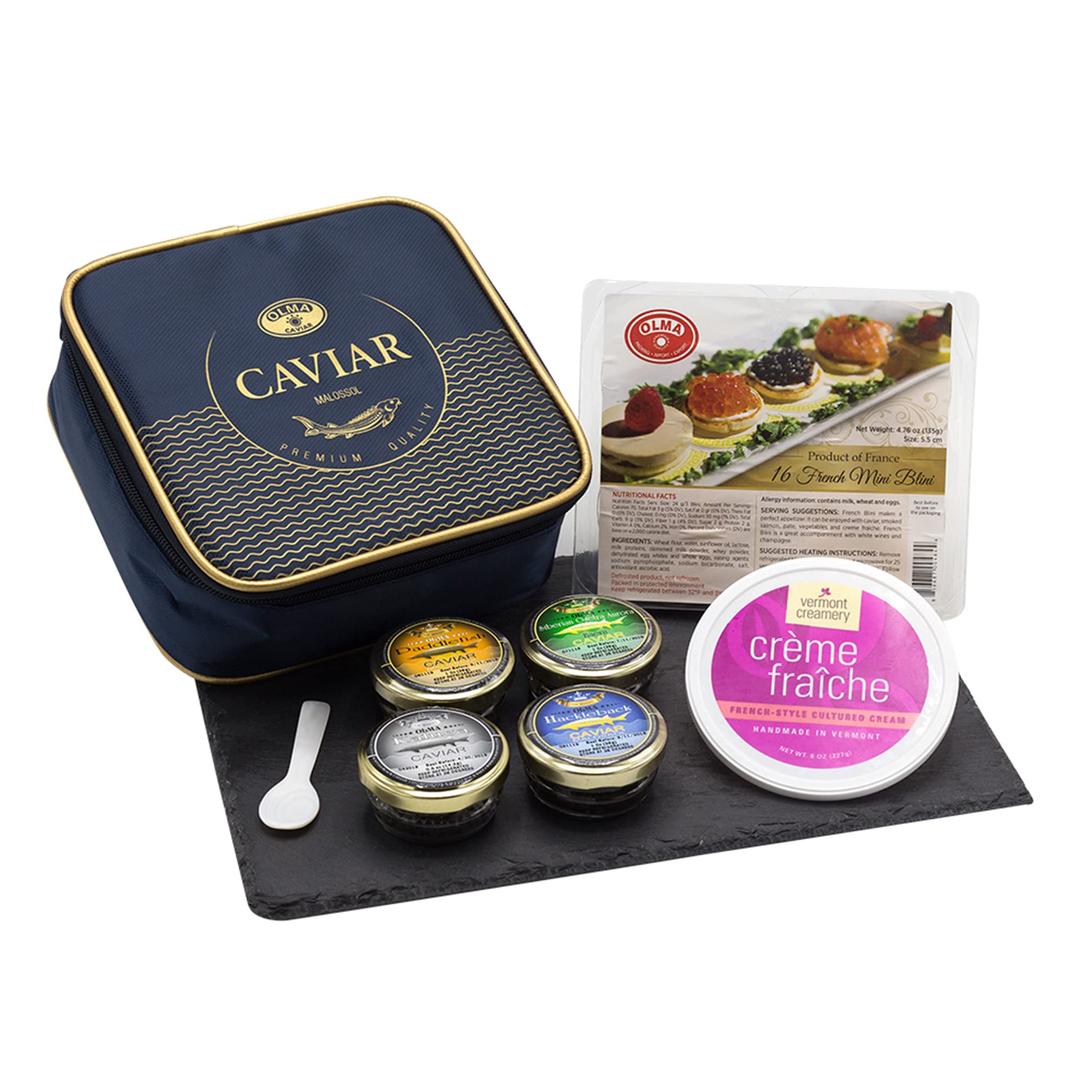 OlmaNoble Caviar Gift Set - 2 oz (56g) of Caviar, Includes Kaluga Royal, Siberian Osetra Aurora, Hackleback, Paddlefish, Serving Spoon & Blinis - Superior Grade Fresh Roe Fish Eggs