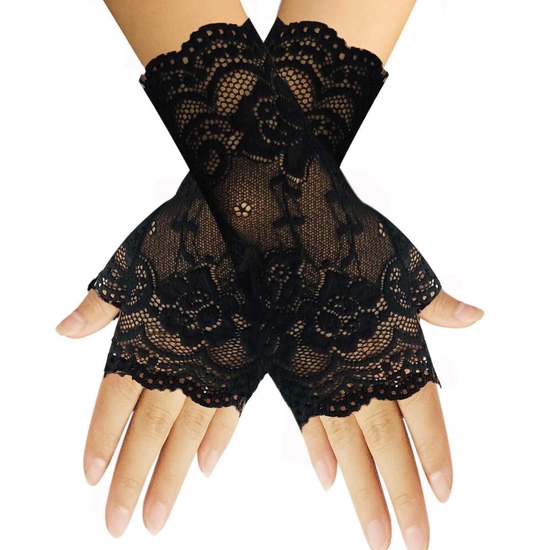 monochefWomen Short Lace Gloves Sunblock Fingerless Bridal Wrist Gloves Opera Evening Wedding Tea Party Prom Cosplay 1920s