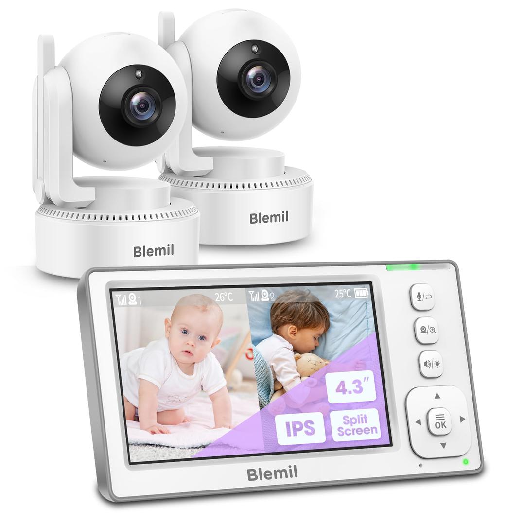 Baby Monitor with 2 Cameras and Audio, 4.3'' IPS Split-Screen Monitor with 29-Hour Battery, 1000ft Range Pan-Tilt-Zoom Video Baby Monitor No WiFi, 2X Zoom